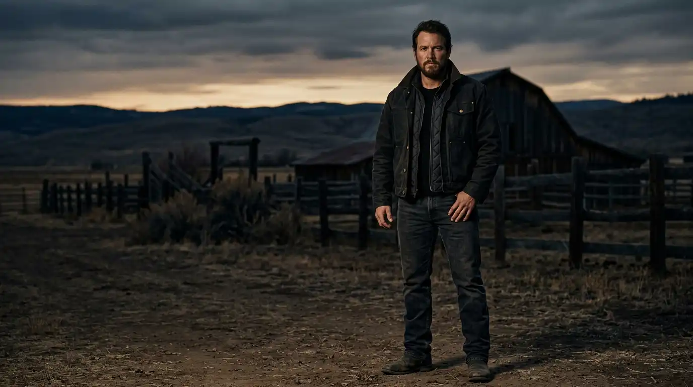 Rip Wheeler Yellowstone dark jacket style with rugged black outfit