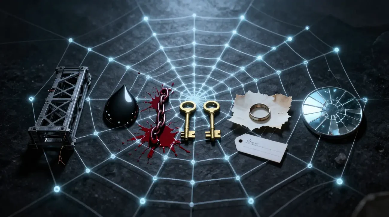 Spider-Man comics key story arcs represented by symbolic objects on a glowing spider web including bridge, symbiote, clone keys and multiverse mirror at TVJackets