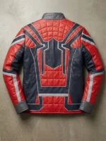 Back flat lay of Iron Spider vegan leather jacket showing spider emblem quilted red shoulders blue panels and grey sleeve strips