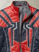 Close-up of Iron Spider vegan leather jacket open showing erect grey collar grey lining spider emblem and reflective strips