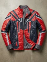 Front flat lay of Iron Spider vegan leather jacket showing spider emblem quilted red panels blue sections and grey sleeve strips
