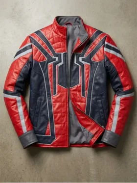 Front flat lay of Iron Spider vegan leather jacket showing spider emblem quilted red panels blue sections and grey sleeve strips