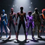 Seven Spider-Man suit designs from every era including classic red and blue, Miles Morales, Spider-Punk and Ghost-Spider displayed at TV Jackets
