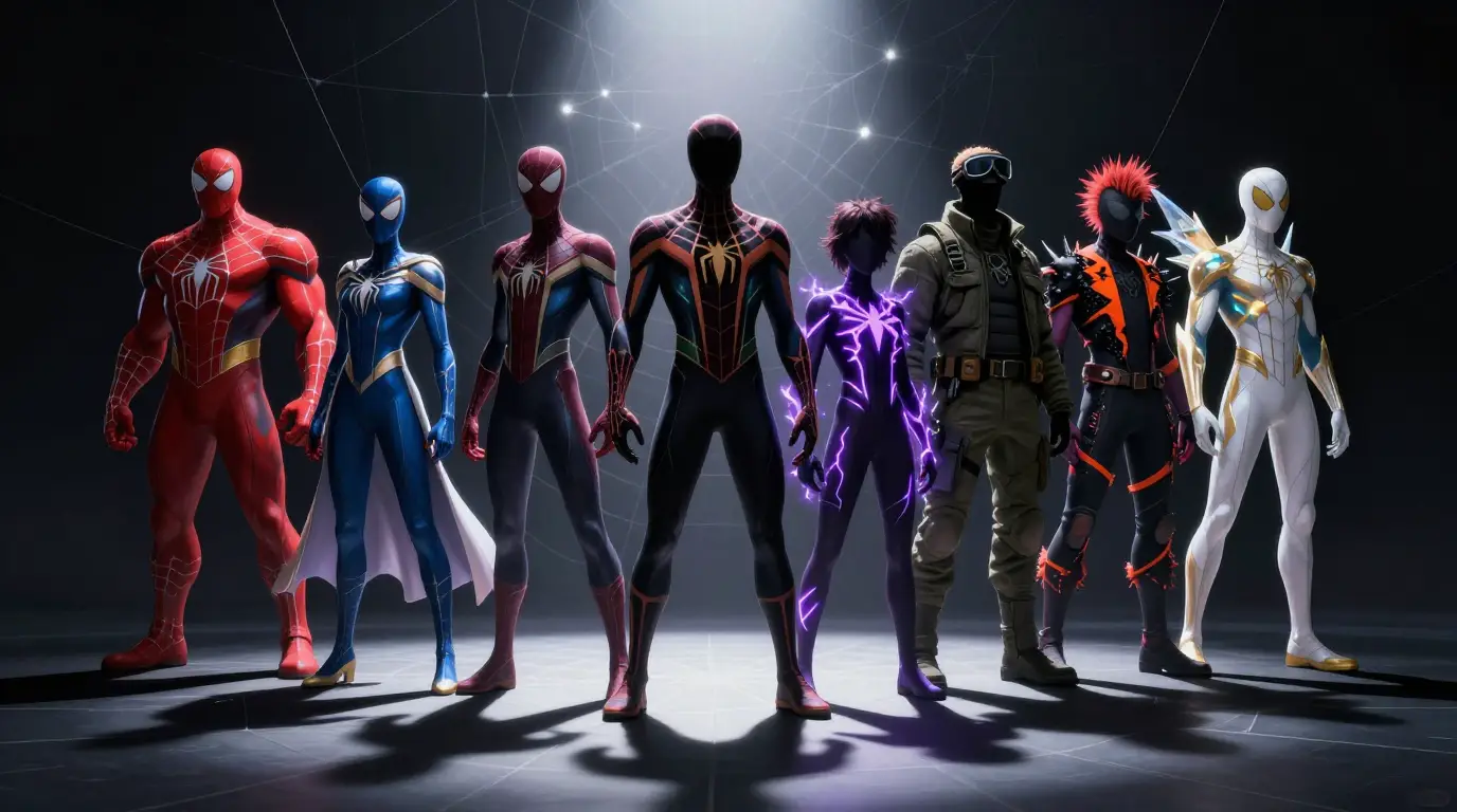 Seven Spider-Man suit designs from every era including classic red and blue, Miles Morales, Spider-Punk and Ghost-Spider displayed at TV Jackets