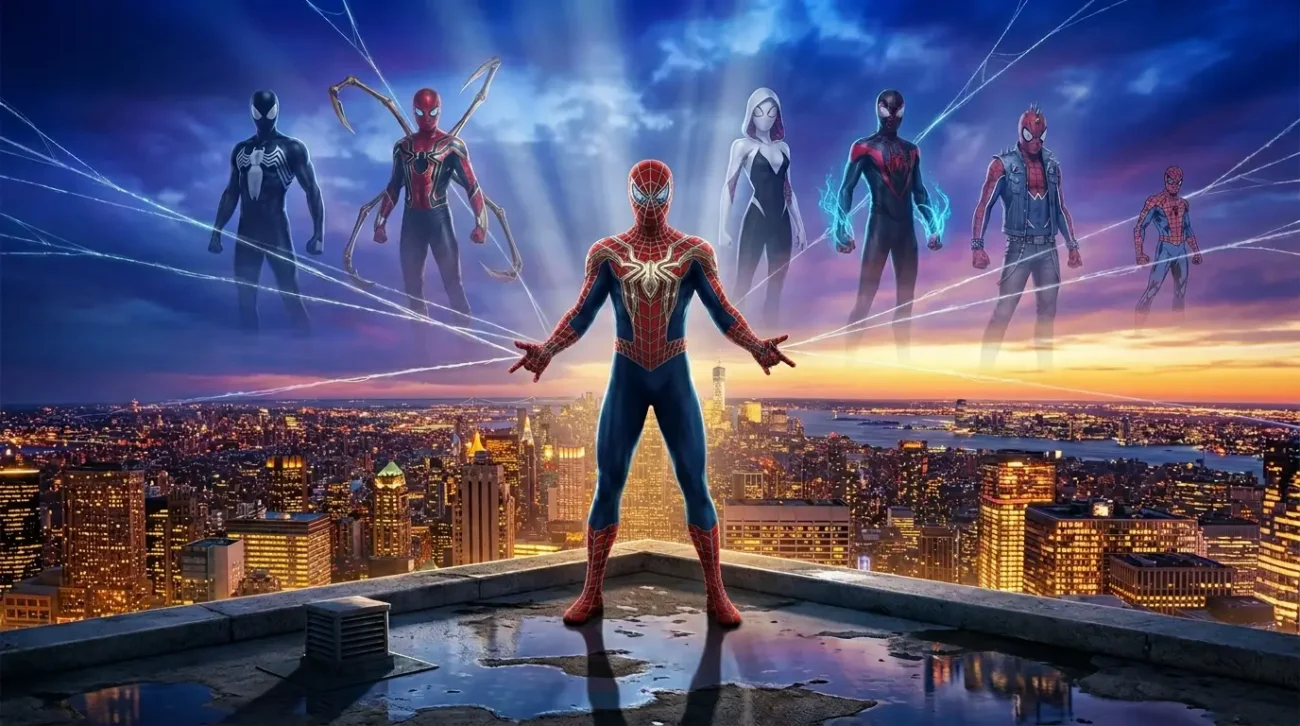 Spider-Man legacy image showing central suited hero on New York rooftop with six multiverse silhouettes connected by web threads at TVJackets