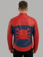 Front view of Spider-Man Lotus Peter Parker red and blue leather jacket showing black spider chest emblem, quilted web panels, navy blue side panels and stand-up collar