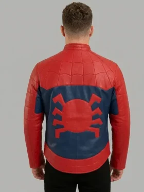 Front view of Spider-Man Lotus Peter Parker red and blue leather jacket showing black spider chest emblem, quilted web panels, navy blue side panels and stand-up collar