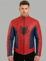 Back view of Spider-Man Lotus Peter Parker red and blue leather jacket showing large red spider emblem on navy blue panel and quilted web shoulders
