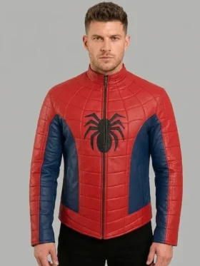 Back view of Spider-Man Lotus Peter Parker red and blue leather jacket showing large red spider emblem on navy blue panel and quilted web shoulders