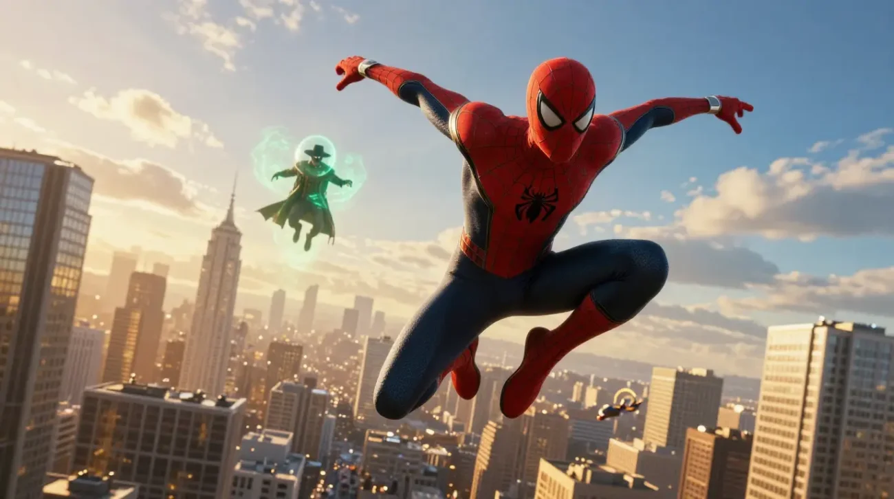 Spider-Man MCU trilogy red and black suit swinging over modern Manhattan skyline representing Homecoming Far From Home and No Way Home at TVJackets