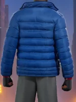 Back view of Miles Morales wearing electric blue puffer jacket in Spider-Man PS4 game with city skyline at night