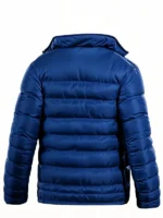 Miles Morales Spider-Man PS4 electric blue puffer jacket flat lay back view on white background showing quilted channels and hooded collar