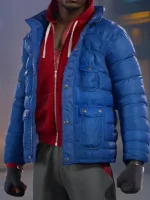 Front view of Miles Morales blue puffer jacket open over red hoodie with drawstrings in neon-lit city from Spider-Man PS4