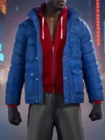 Full front view of Miles Morales in electric blue puffer jacket open over red hoodie showing all chest pockets in Spider-Man PS4
