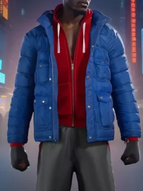Full front view of Miles Morales in electric blue puffer jacket open over red hoodie showing all chest pockets in Spider-Man PS4