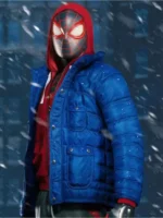 Miles Morales Spider-Man in red hooded mask wearing electric blue puffer jacket in snow scene from PS4 game