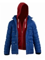 Miles Morales electric blue puffer jacket open over red hoodie with hood up on white background showing snap pockets and zipper