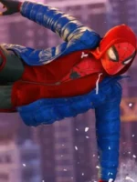 Miles Morales in electric blue puffer jacket swinging through city in Spider-Man PS4 game with purple skyline