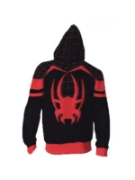 Back view of Miles Morales Spider-Man black hoodie showing large red spider emblem red web hood and double stripe sleeves