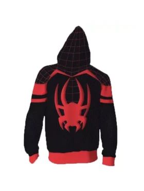 Back view of Miles Morales Spider-Man black hoodie showing large red spider emblem red web hood and double stripe sleeves