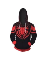 Full front view of Miles Morales Spider-Man black zip-up hoodie on white background showing red spider emblem hood and red hem