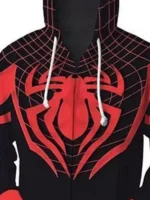 Close-up of Miles Morales hoodie collar showing red angular spider emblem white drawstrings and red web grid on black hood