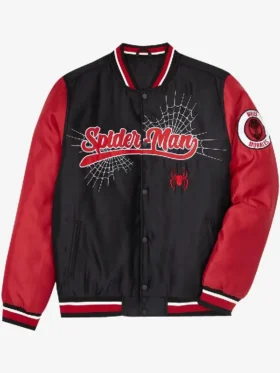 Front flat lay of Spider-Man Miles Morales varsity jacket showing red script lettering, white web graphic, red spider emblem and Miles Morales sleeve patch