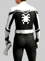 Back view of Spider-Man No Way Home white and black leather jacket showing white spider emblem on black back panel and stand-up collar
