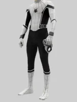 Front three-quarter view of Spider-Man No Way Home white and black leather jacket showing black spider chest emblem, web detailing and black geometric panels