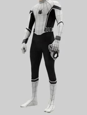 Front three-quarter view of Spider-Man No Way Home white and black leather jacket showing black spider chest emblem, web detailing and black geometric panels