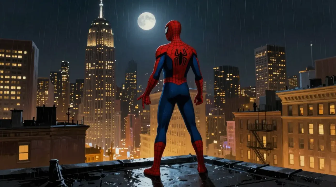 Spider-Man classic red and blue suit from the Sam Raimi trilogy 2002 to 2007 standing on a New York rooftop at night at TVJackets