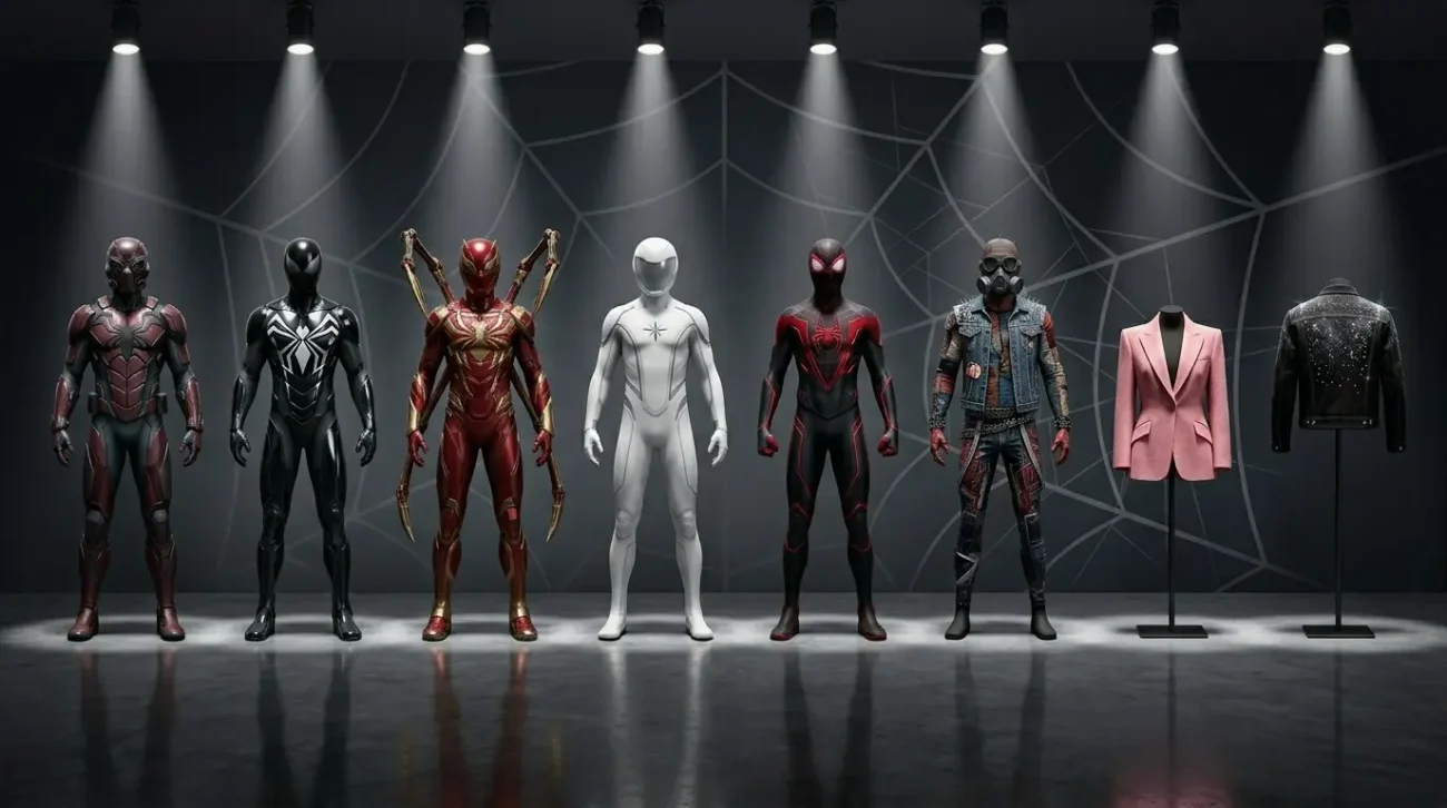Spider-Man suit lineup through the decades including Iron Spider, white suit, Miles Morales, Spider-Punk, pink blazer and rhinestone denim at TVJackets