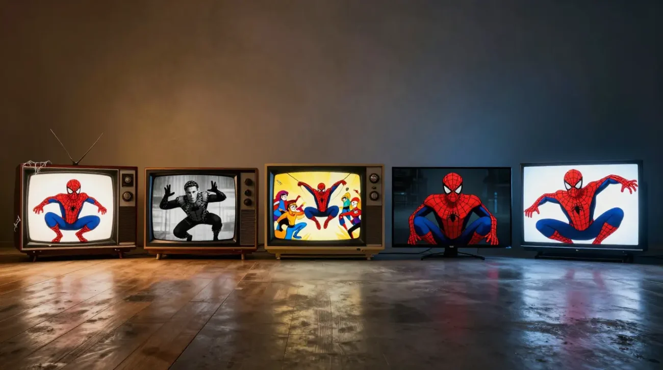 Spider-Man television series timeline showing five TV sets from different eras representing six decades of animated and live-action series at TVJackets