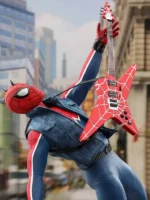 Side action view of Spider-Punk blue denim vest showing open front, studded collar and sleeveless construction in guitar playing pose