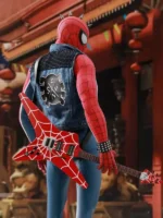 Back view of Spider-Punk denim vest worn on character with red Spider-Man web guitar showing SFM/N logo and studded collar in action pose