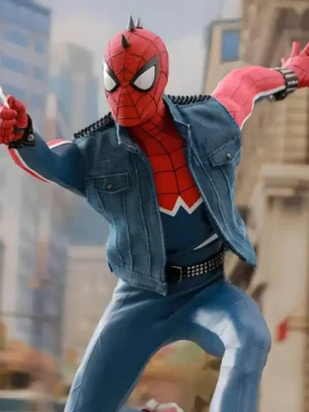 Front view of Spider-Punk blue denim vest showing studded collar, multiple pin badges, two chest flap pockets and open front construction