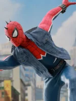 Web swing action pose showing Spider-Punk blue denim vest chest flap pockets, studded collar and open front in dynamic pose