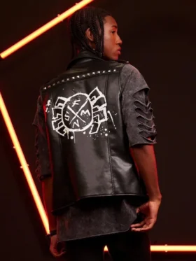 Back view of Spider-Punk vest from Across the Spider-Verse showing white hand-painted graffiti Spider-Man logo and studded collar