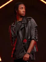 Side angle view of Spider-Punk black leather vest showing studded notch lapel collar detail and anarchy patch from Across the Spider-Verse