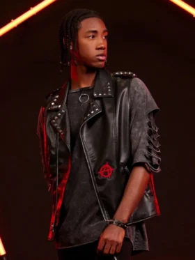 Side angle view of Spider-Punk black leather vest showing studded notch lapel collar detail and anarchy patch from Across the Spider-Verse