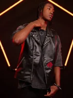 Front view of Spider-Punk black leather moto vest from Across the Spider-Verse showing studded collar and red anarchy patch