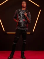 Full body view of Spider-Punk leather vest from Across the Spider-Verse with complete Hobie Brown punk outfit including combat boots