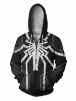 Front view of a premium black Spider-Man pullover hoodie featuring a large distressed white spider emblem on the chest.