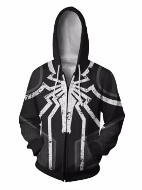 Front view of a premium black Spider-Man pullover hoodie featuring a large distressed white spider emblem on the chest.