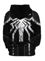 The back of a black Spider-Man hoodie showing the continuation of the white spider graphic and honeycomb texture print.