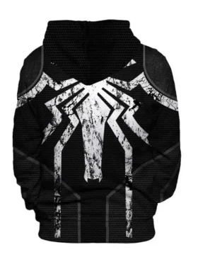 The back of a black Spider-Man hoodie showing the continuation of the white spider graphic and honeycomb texture print.
