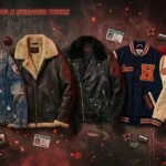 Stranger Things cast character jackets including Eddie Munson Hellfire jacket, Jim Hopper shearling, Billy Hargrove leather jacket, and Steve Harrington bomber displayed editorially