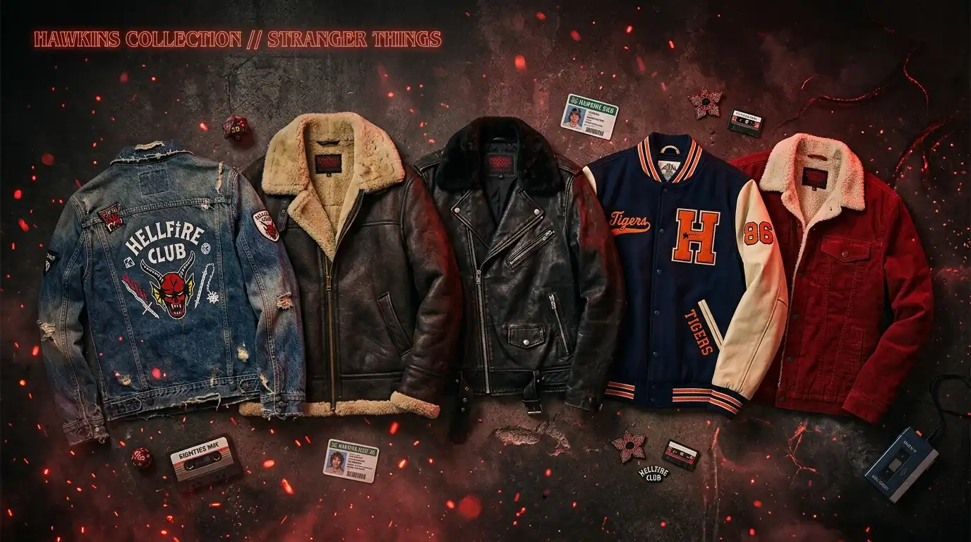 Stranger Things cast character jackets including Eddie Munson Hellfire jacket, Jim Hopper shearling, Billy Hargrove leather jacket, and Steve Harrington bomber displayed editorially