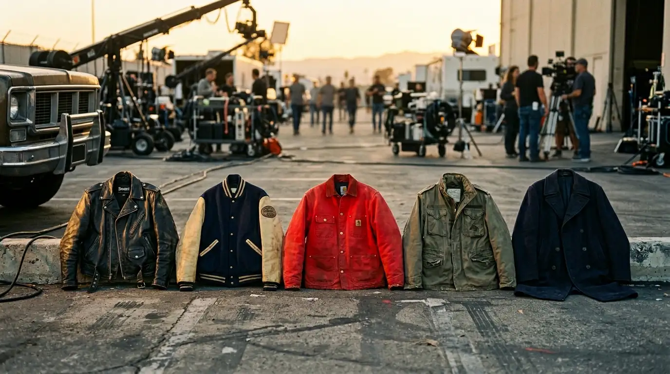 Five jackets from The Fall Guy 2024 cast outfits collection lined up on a Hollywood film set, including leather, varsity and red jacket styles