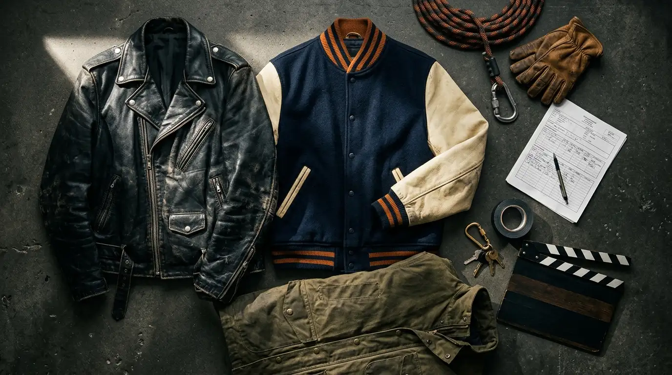 Stuntman fashion flat-lay from The Fall Guy 2024 featuring a worn leather jacket, letterman varsity jacket, utility coat and film set props